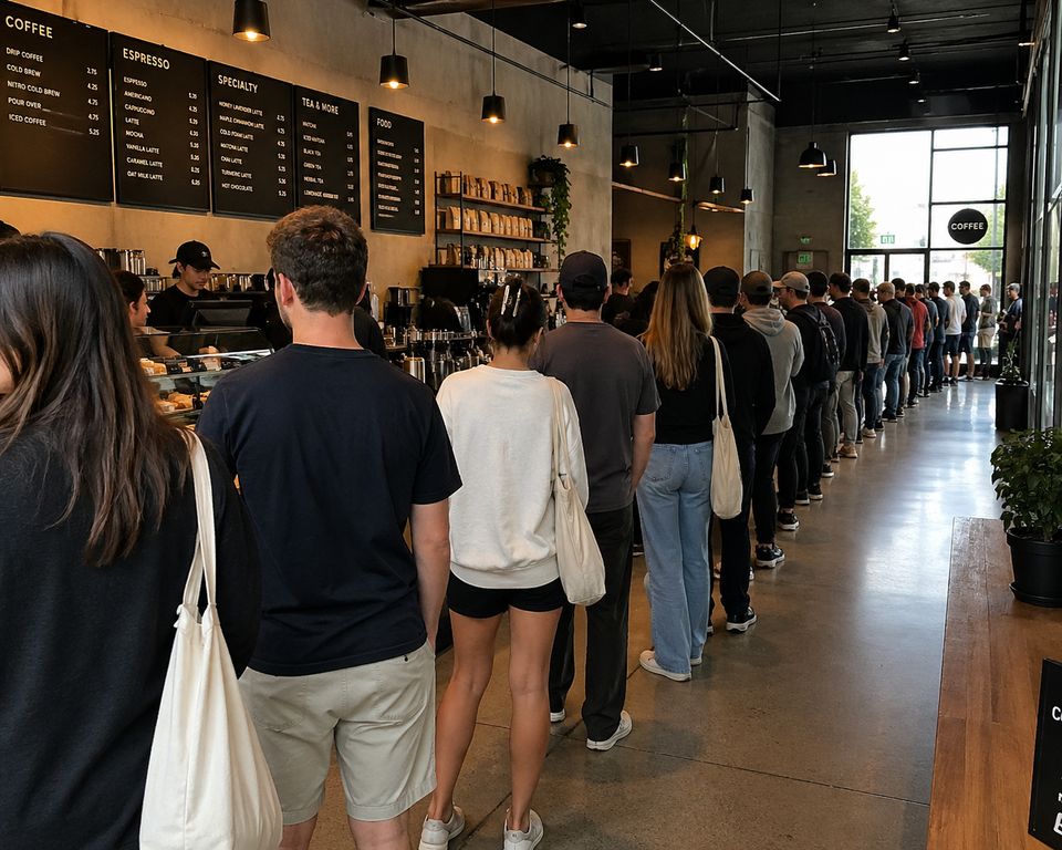 A long line of customers waiting at a coffee shop counter while two baristas work